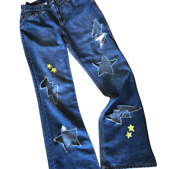Upcycled Jones New York Destroyed Ripped Jeans, Stars & Bolts Cutouts, Size 4 - Picture 1 of 12